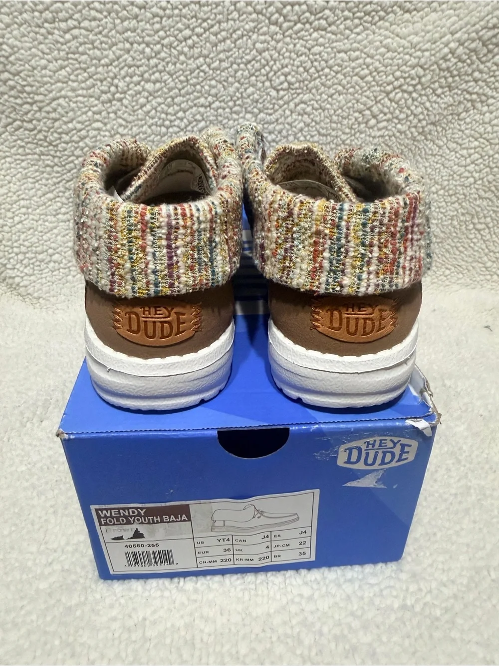 Hey Dude Wendy Fold Youth Shoes - Brown Upper with Multicolor Knit Cuff